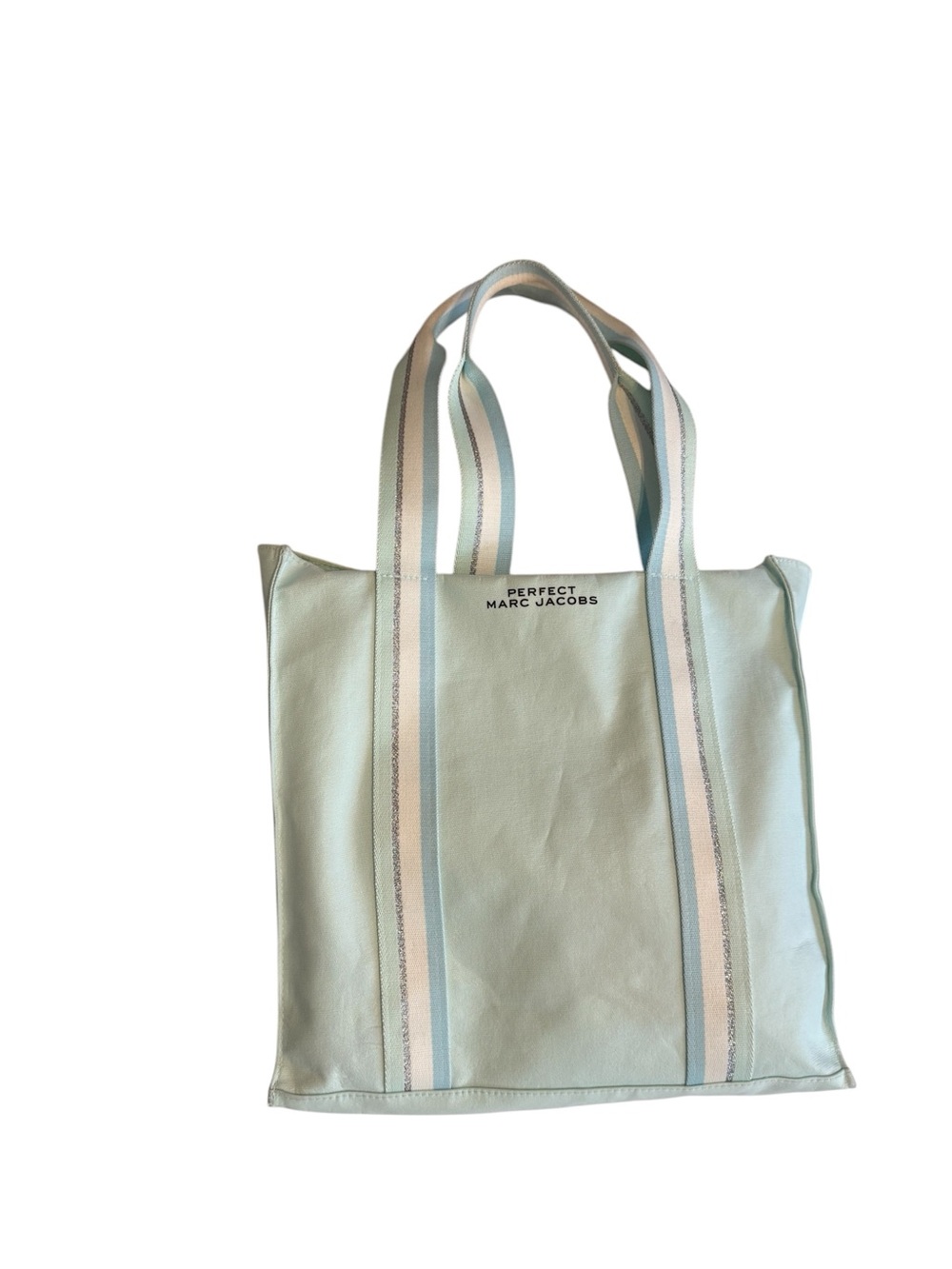 Perfect Marc Jacobs Mint Canvas Tote Striped Handles Large Carryall Beach Bag - Picture 2 of 11